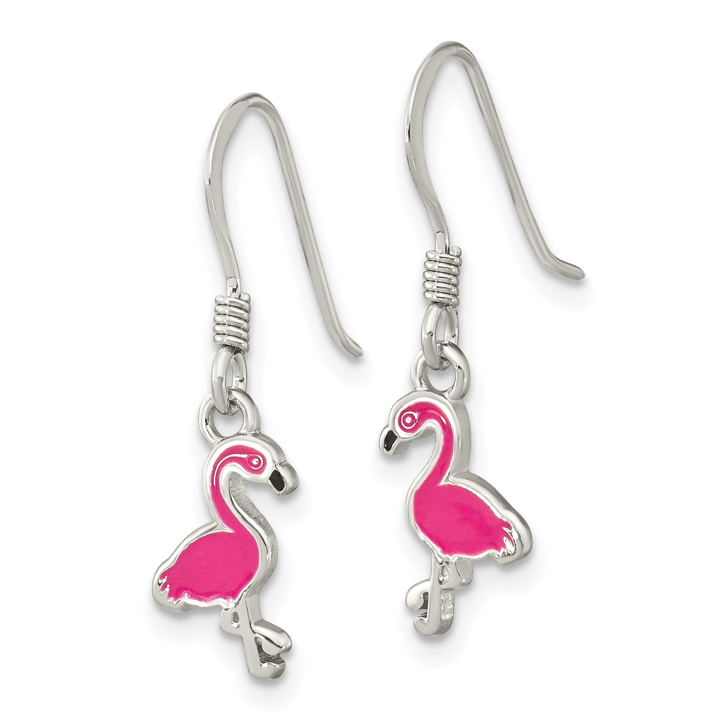 Sterling Silver Rhod-Pltd Pink Enamel Flamingo Children'S Dangle Earrings