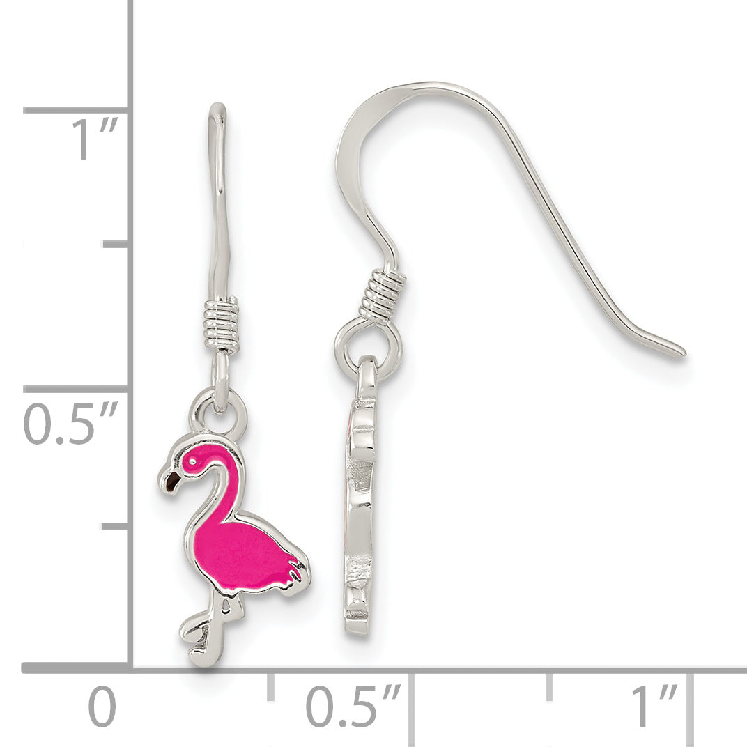 Sterling Silver Rhod-Pltd Pink Enamel Flamingo Children'S Dangle Earrings