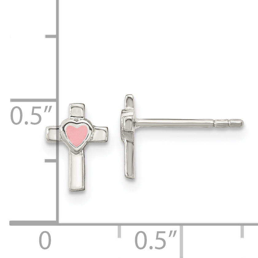 Sterling Silver Rhodium-Plated Cross Pink Enamel Heart Post Earrings