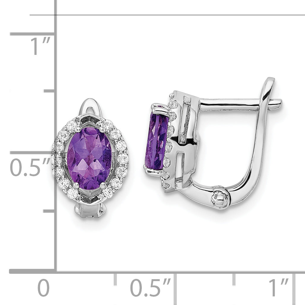 Sterling Silver Ss Rhod-Plated 2.02Amethyst/Whitetopaz Oval Hinged Earrings