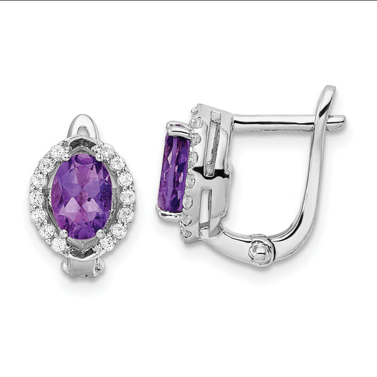 Sterling Silver Ss Rhod-Plated 2.02Amethyst/Whitetopaz Oval Hinged Earrings