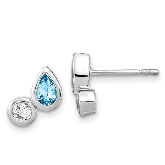 Ss/Rose Plated Sterling Silver Rhodium Sky Blue Topaz And Cz Post Earrings