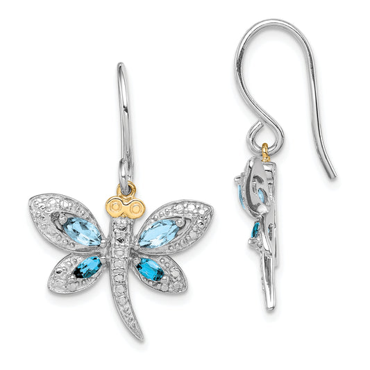 Sterling Silver Brilliant Gemstones With 14K Accent Rhodium-Plated Light Blue Topaz And London Diamond Dragonfly Shepherd Hook Dangle Earrings