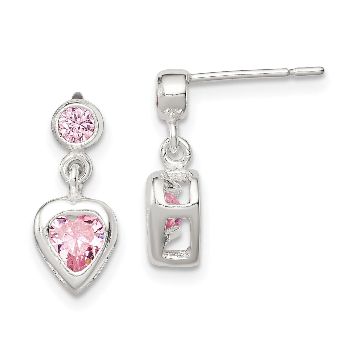 Sterling Silver Polished Pink Heart Cz Post Dangle Earrings