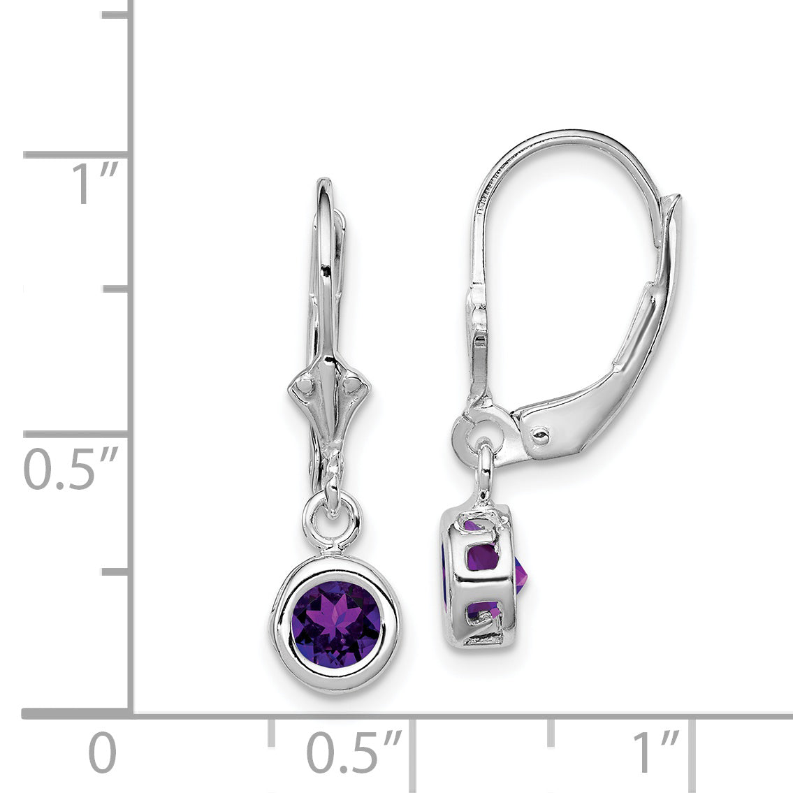 Sterling Silver Rhodium Plated 5mm Round Amethyst Leverback Earrings