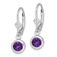 Sterling Silver Rhodium Plated 6mm Round Amethyst Leverback Earrings