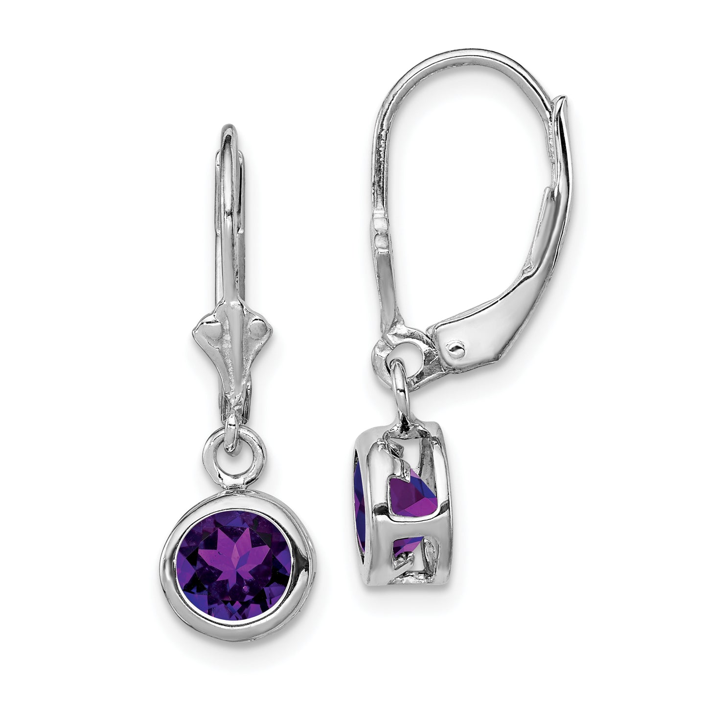 Sterling Silver Rhodium Plated 6mm Round Amethyst Leverback Earrings