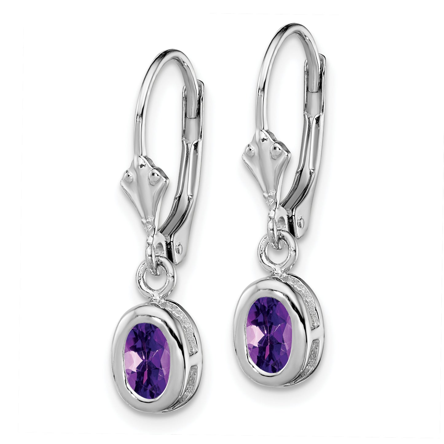 Sterling Silver Rhodium Plated 6X4mm Oval Amethyst Leverback Earrings