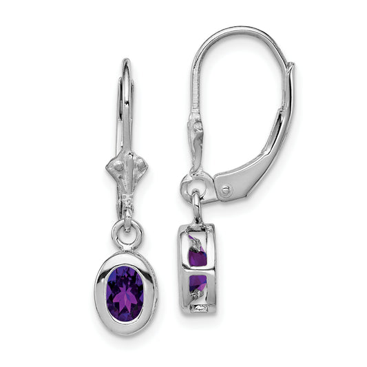 Sterling Silver Rhodium Plated 6X4mm Oval Amethyst Leverback Earrings