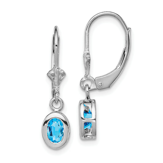 Sterling Silver Rhodium Plated 6X4mm Oval Blue Topaz Leverback Earrings