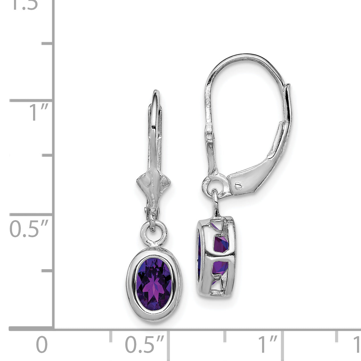 Sterling Silver Rhodium Plated 7X5mm Oval Amethyst Leverback Earrings