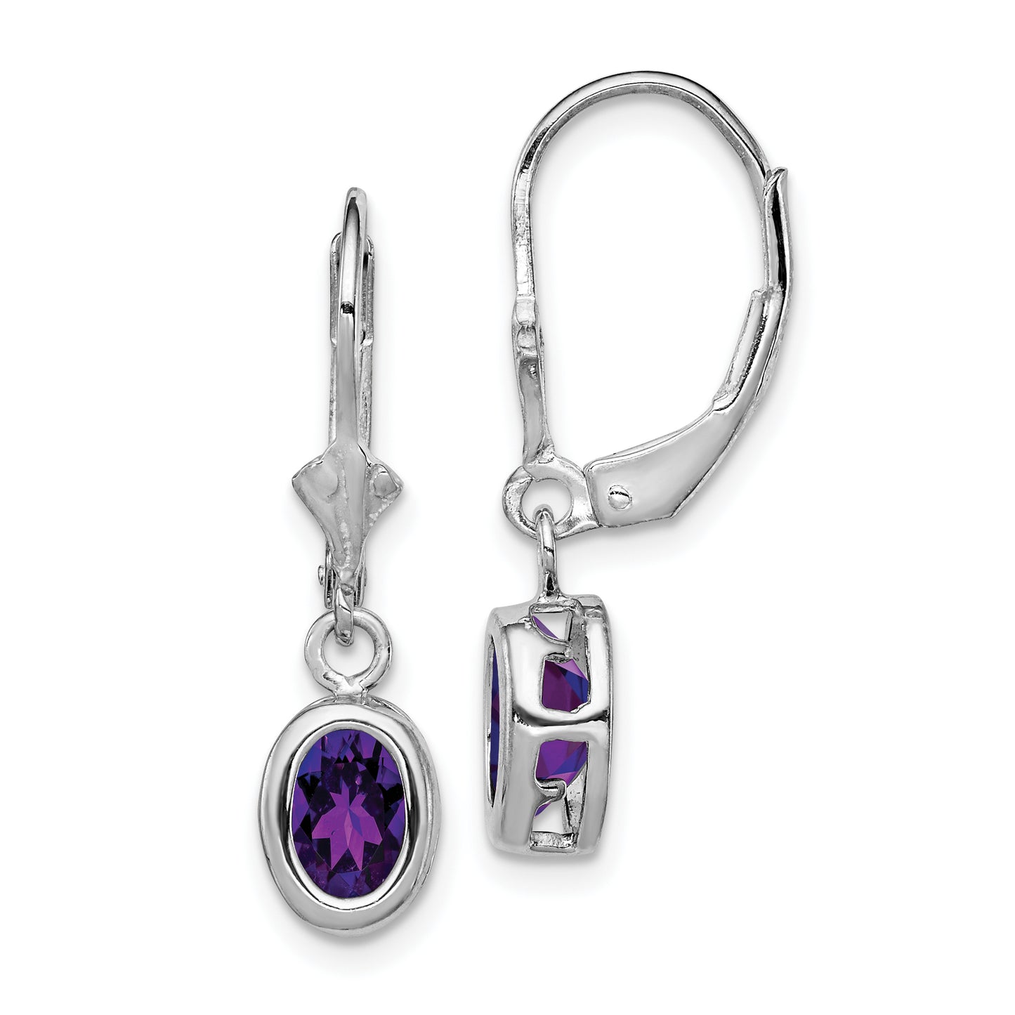 Sterling Silver Rhodium Plated 7X5mm Oval Amethyst Leverback Earrings