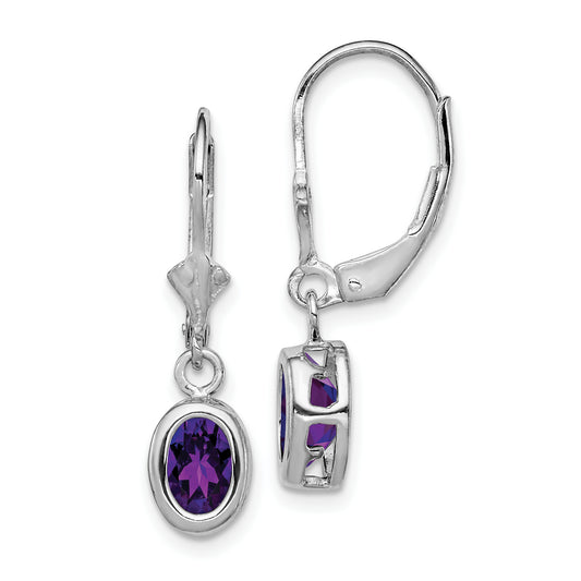 Sterling Silver Rhodium Plated 7X5mm Oval Amethyst Leverback Earrings