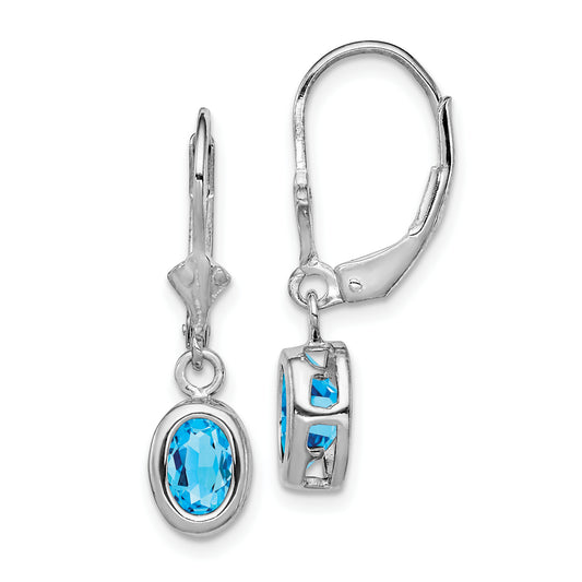 Sterling Silver Rhodium Plated 7X5mm Oval Blue Topaz Leverback Earrings