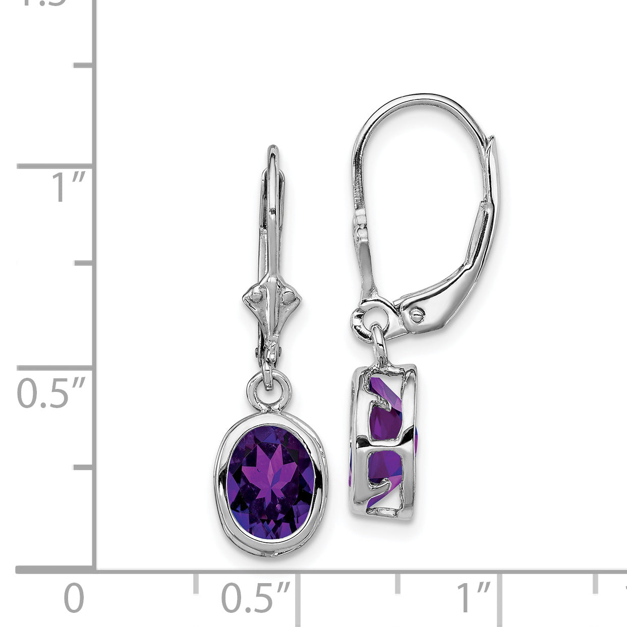 Sterling Silver Rhodium Plated 8X6mm Oval Amethyst Leverback Earrings