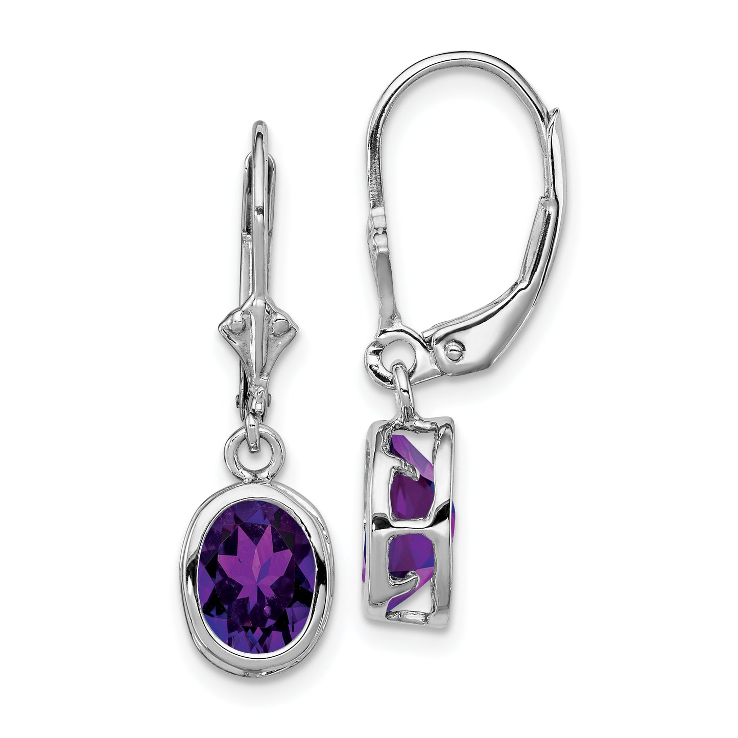 Sterling Silver Rhodium Plated 8X6mm Oval Amethyst Leverback Earrings