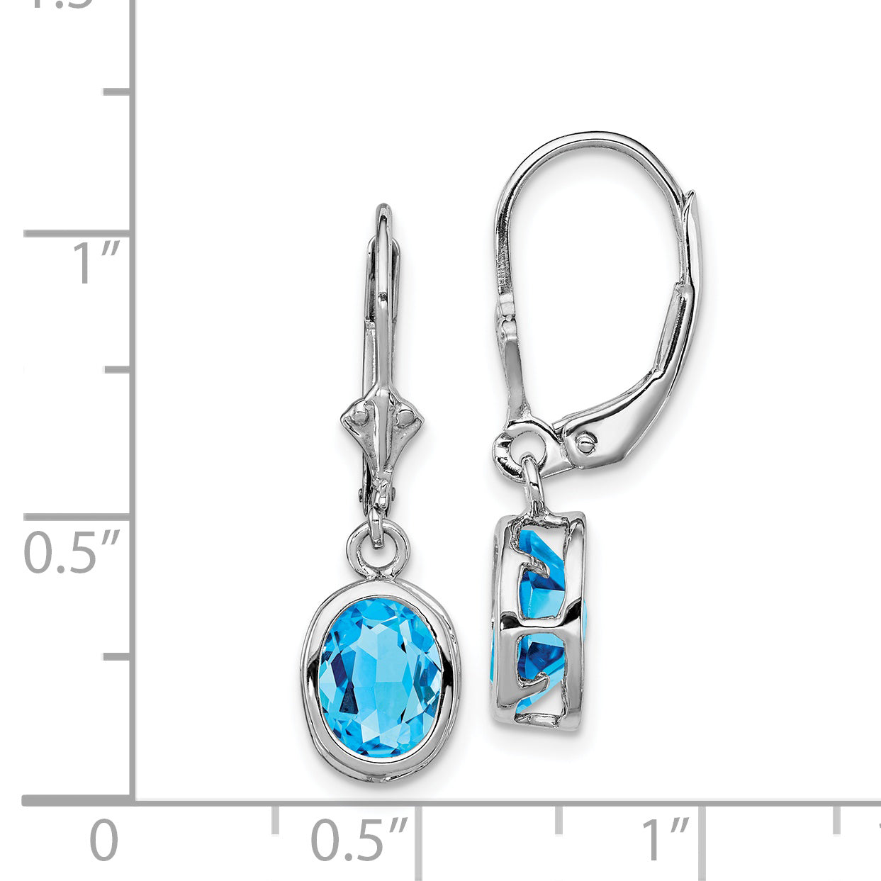 Sterling Silver Rhodium Plated 8X6mm Oval Blue Topaz Leverback Earrings