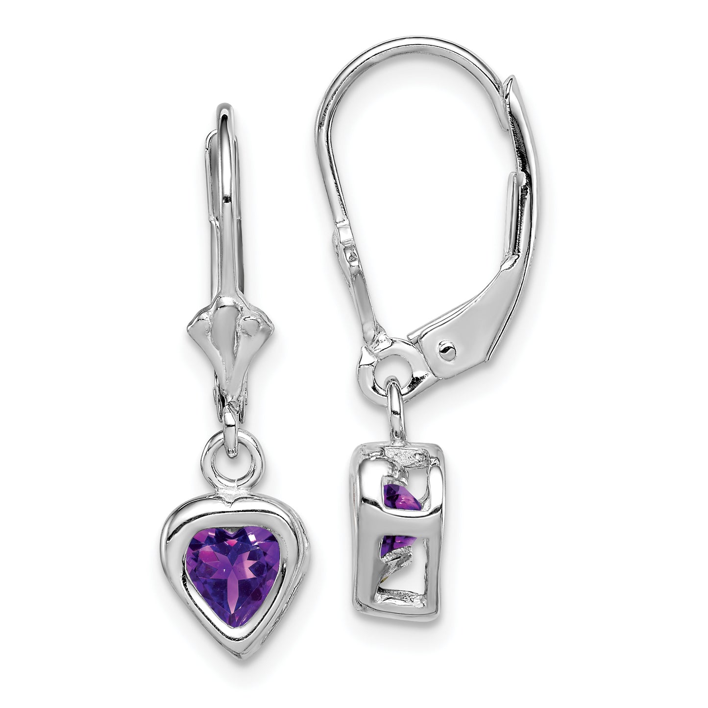 Sterling Silver Rhodium Plated 5mm Heart Amethyst Leverback Earrings