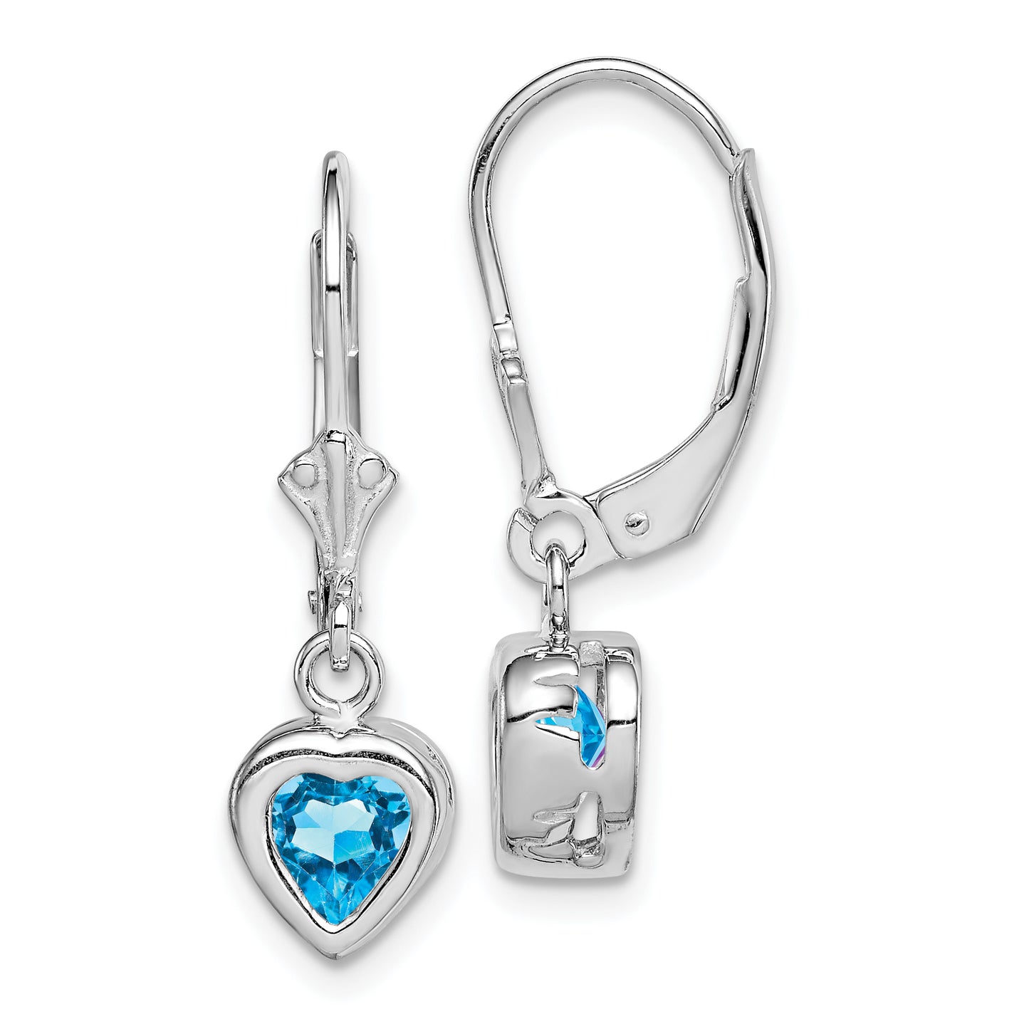 Sterling Silver Rhodium Plated 6mm Heart Blue Topaz Leverback Earrings