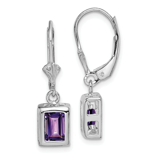 Sterling Silver Rh Plated 7X5 Emerald Cut Amethyst Leverback Earrings