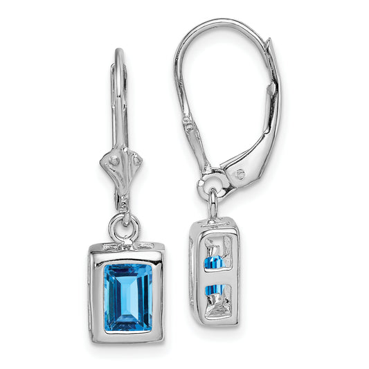 Sterling Silver Rh Plated 7X5 Emerald Cut Blue Topaz Leverback Earrings