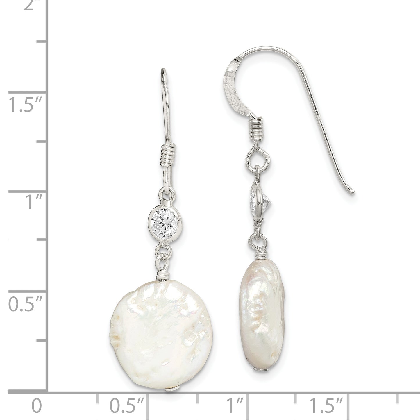 Sterling Silver Polished White 12-13mm Coin Freshwater Cultured Pearl & Cz Dangle Earrings