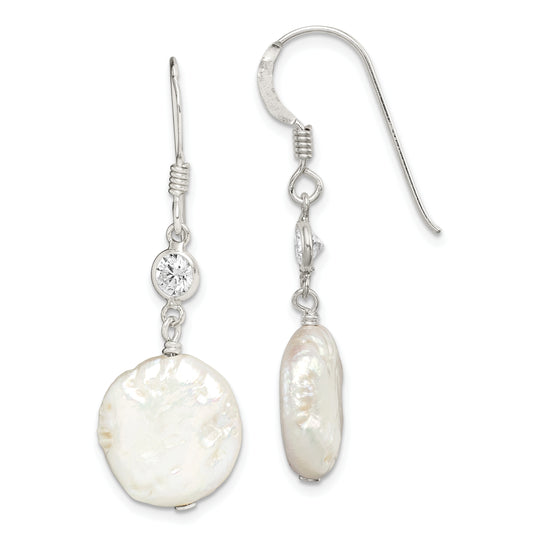 Sterling Silver Polished White 12-13mm Coin Freshwater Cultured Pearl & Cz Dangle Earrings