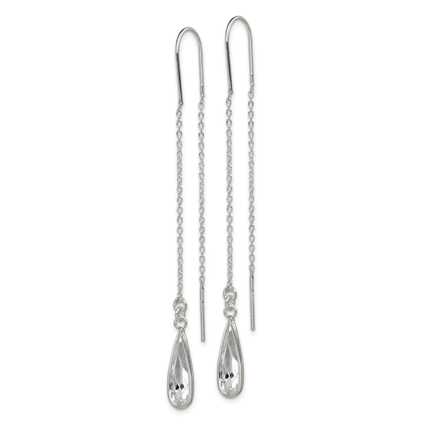 Sterling Silver Polished Crystal Teardrop Threader Earrings