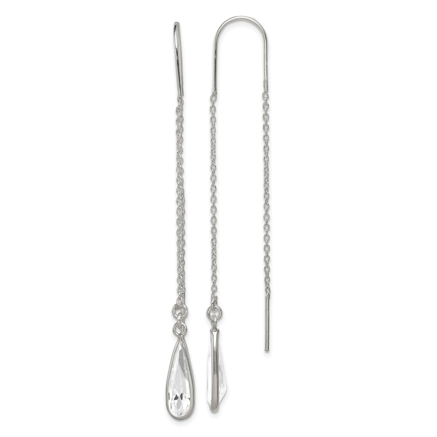 Sterling Silver Polished Crystal Teardrop Threader Earrings