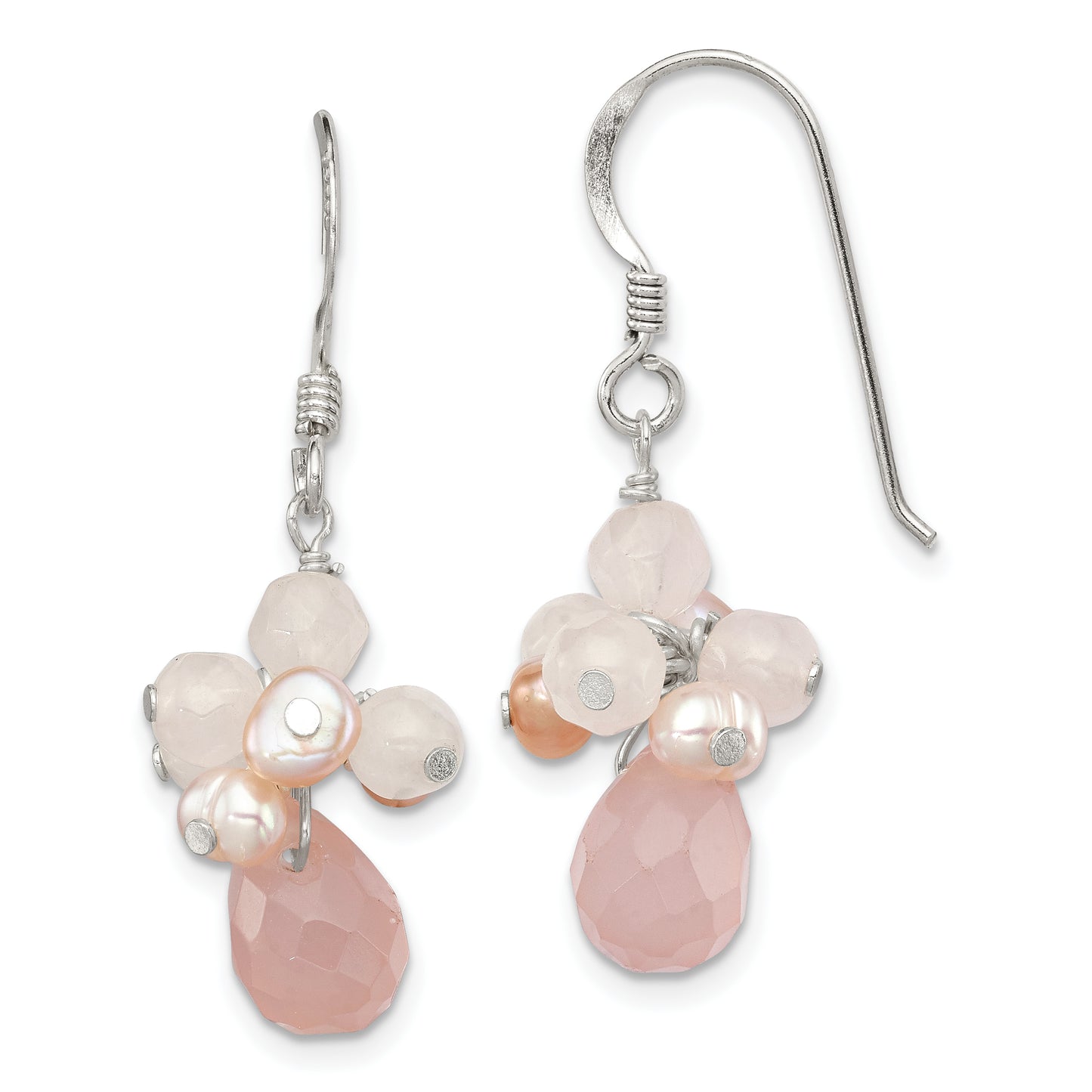 Sterling Silver Rose Quartz And Pink Freshwater Cultured Pearl Dangle Earrings