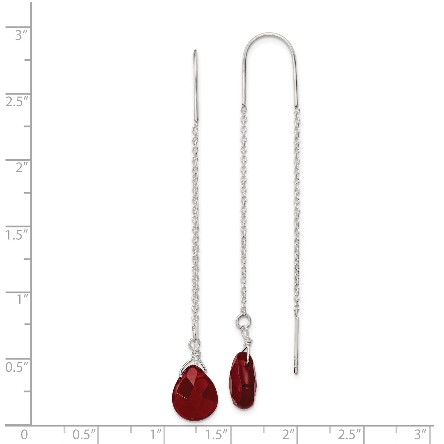 Sterling Silver Polished Faceted Red Crystal Teardrop Threader Earrings