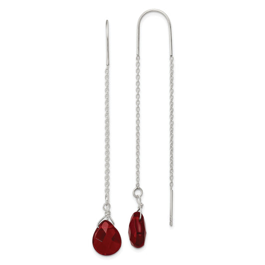 Sterling Silver Polished Faceted Red Crystal Teardrop Threader Earrings