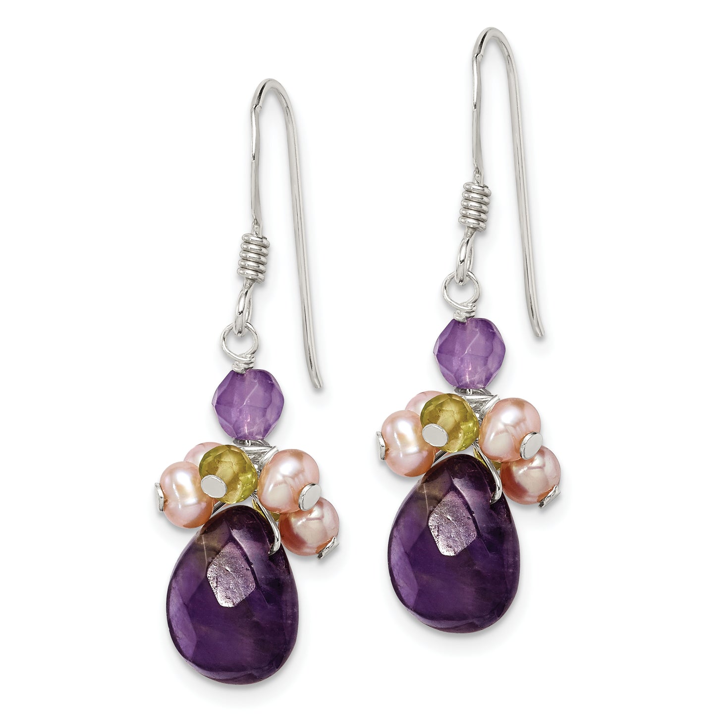 Sterling Silver Amethyst, Peridot & Peach Fwc Pearl Dangle Earrings