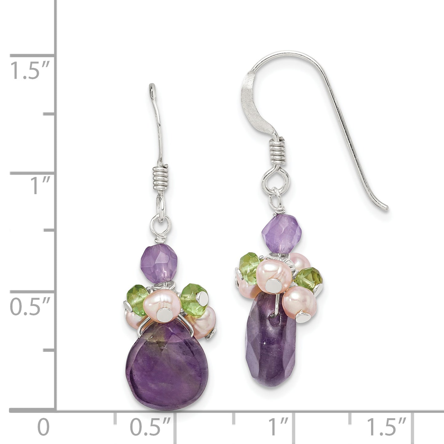 Sterling Silver Amethyst, Peridot & Peach Fwc Pearl Dangle Earrings