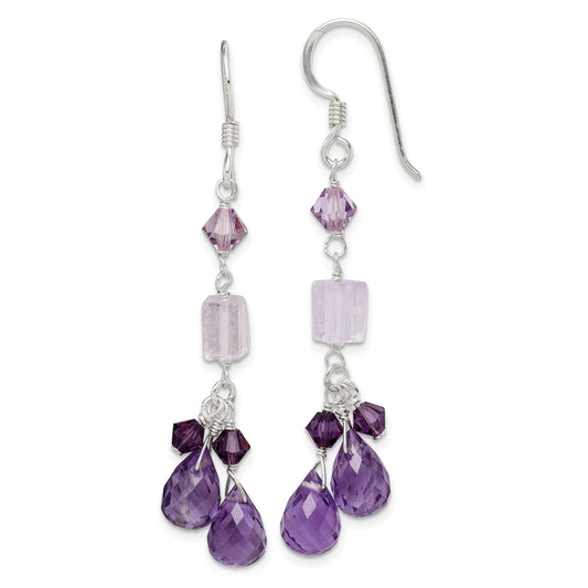 Sterling Silver Polished Amethyst, Lavender Quartz & Crystal Dangle Earrings