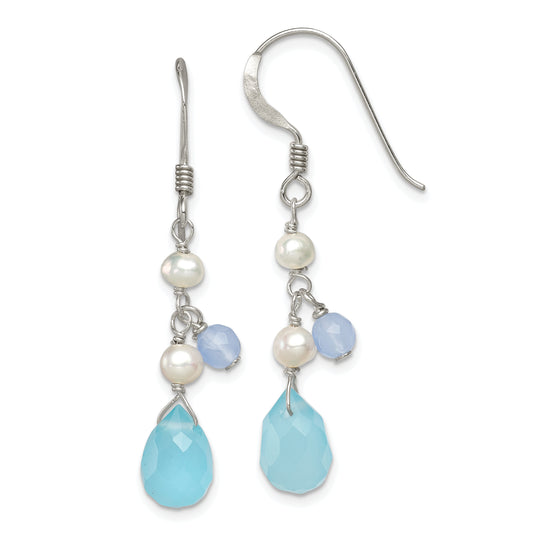 Sterling Silver Blue Topaz/Blue Agate/Fw Cultured Pearl Earrings