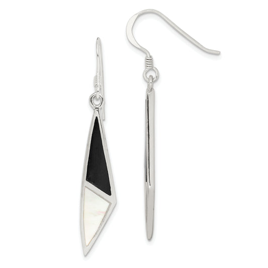 Sterling Silver Polished Onyx & Mother Of Pearl Dangle Earrings