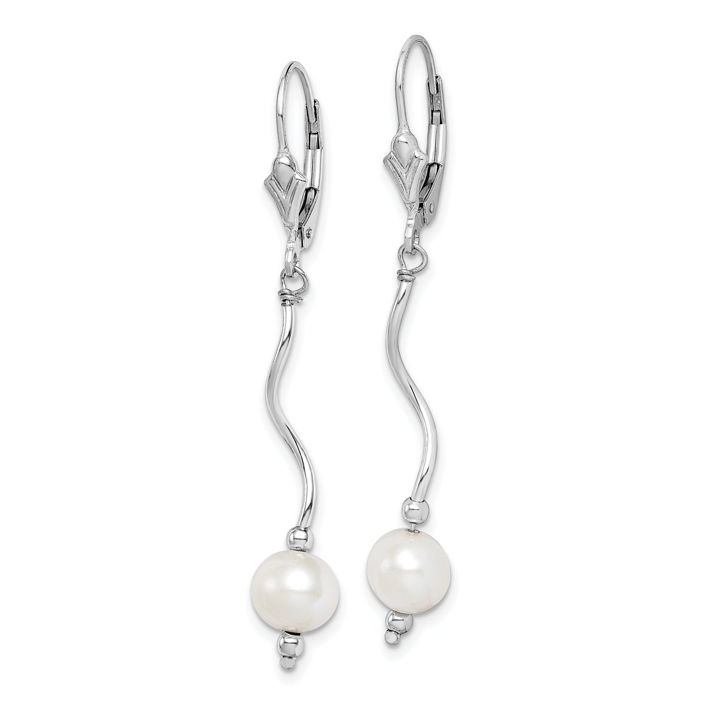 Sterling Silver Rhodium-Plated Polished Twist White 6-7mm Freshwater Cultured Pearl Leverback Dangle Earrings