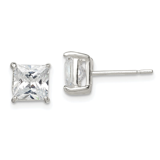 Sterling Silver 6mm Princess Basket Set Cz Stud Earrings