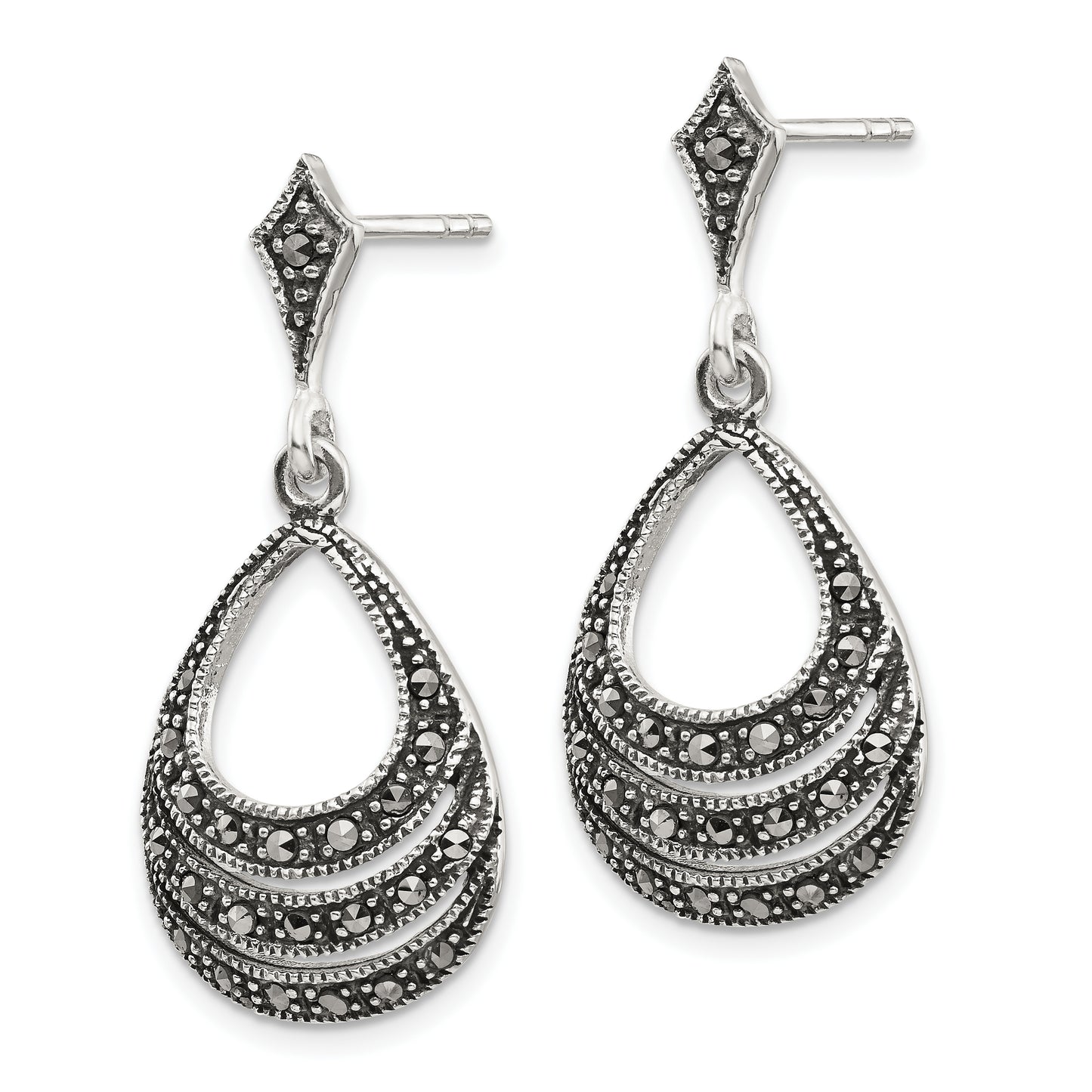 Sterling Silver Rh-Plated Textured Marcasite Teardrop Post Dangle Earrings