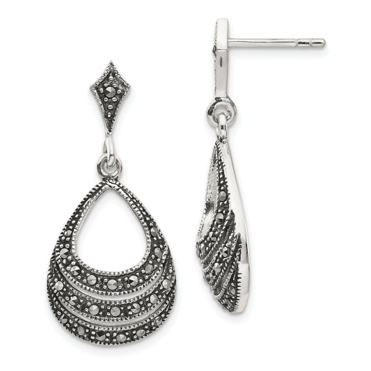 Sterling Silver Rh-Plated Textured Marcasite Teardrop Post Dangle Earrings