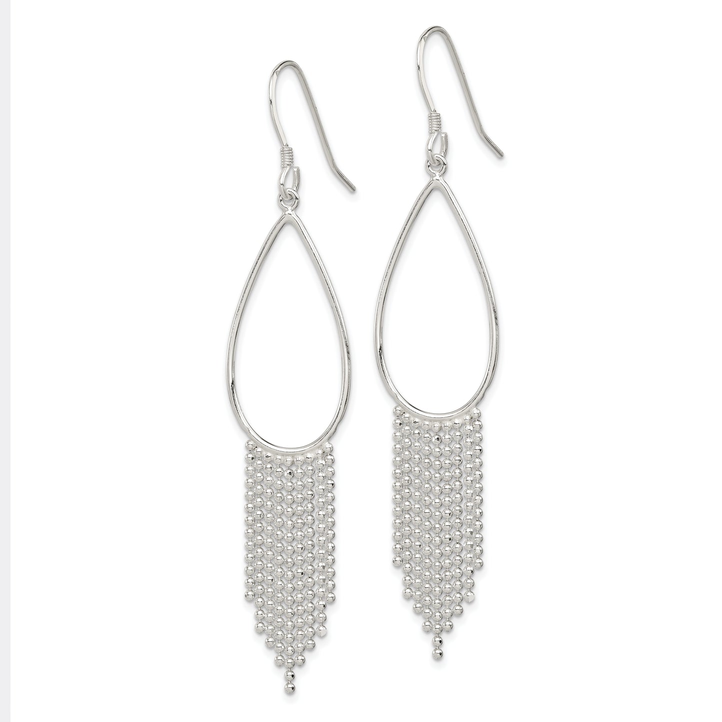 Sterling Silver Polished Teardrop & Beaded Chain Dangle Earrings