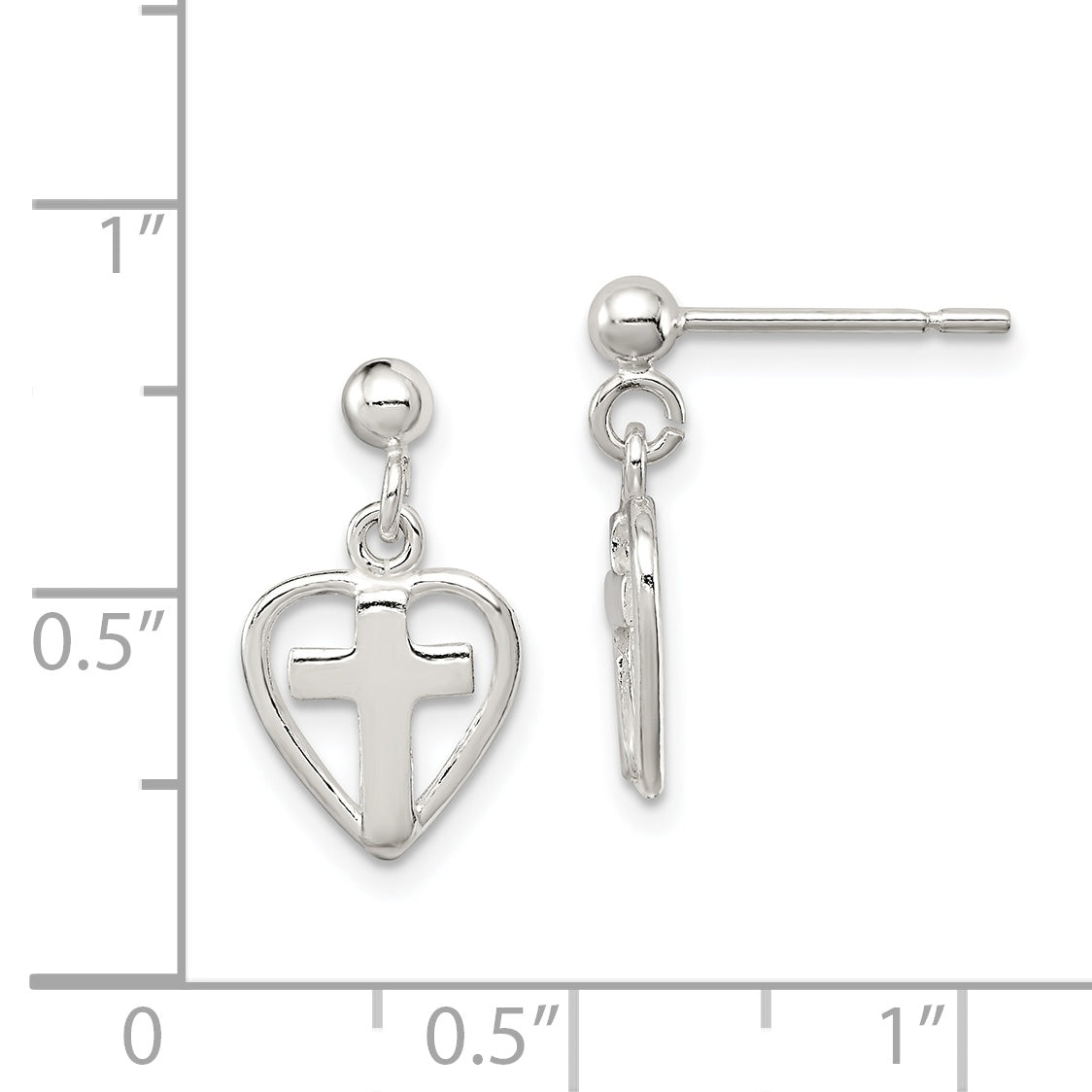 Sterling Silver Polished Cross In Heart Post Dangle Earrings