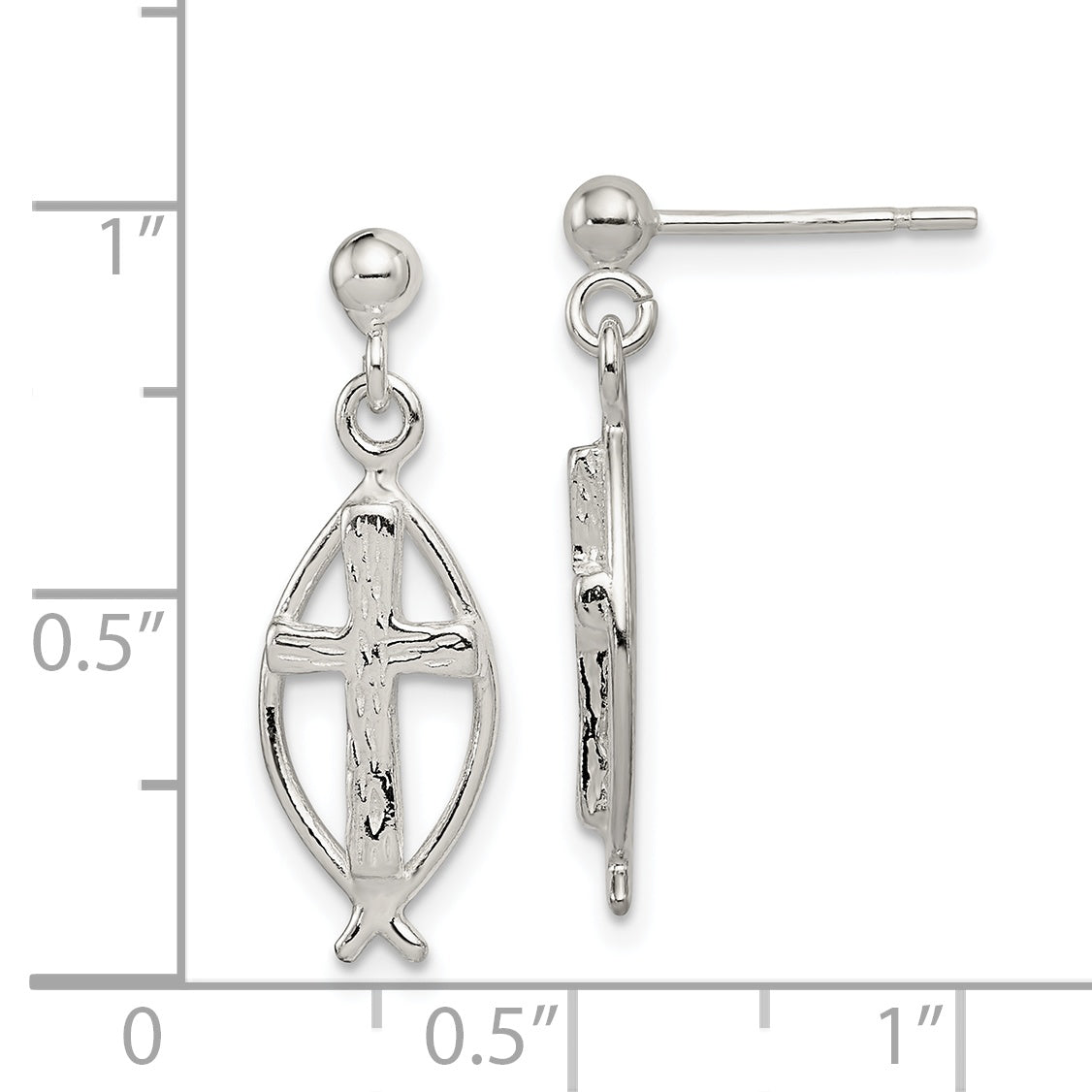 Sterling Silver Polished Antiqued & Textured Ichthus Cross Post Dangle Earrings