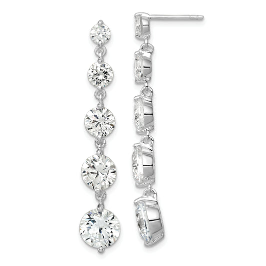 Sterling Silver Rhodium-Plated Clear Cz Journey Dangle Post Earrings