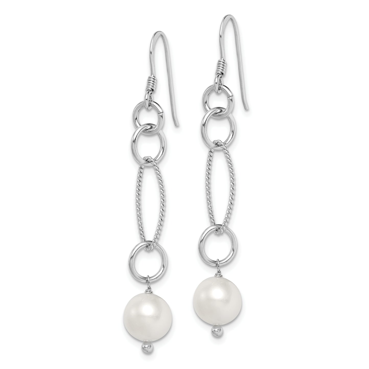 Sterling Silver Rhodium-Plated Polished & Twisted White 8-9mm Freshwater Cultured Pearl Dangle Earrings