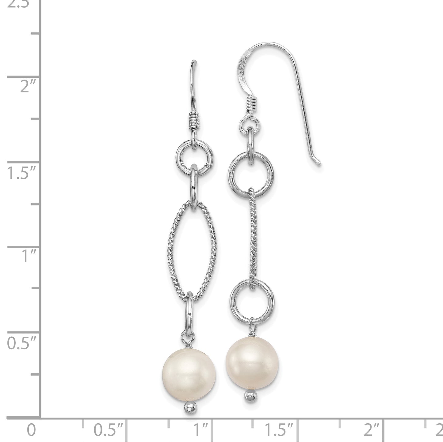 Sterling Silver Rhodium-Plated Polished & Twisted White 8-9mm Freshwater Cultured Pearl Dangle Earrings