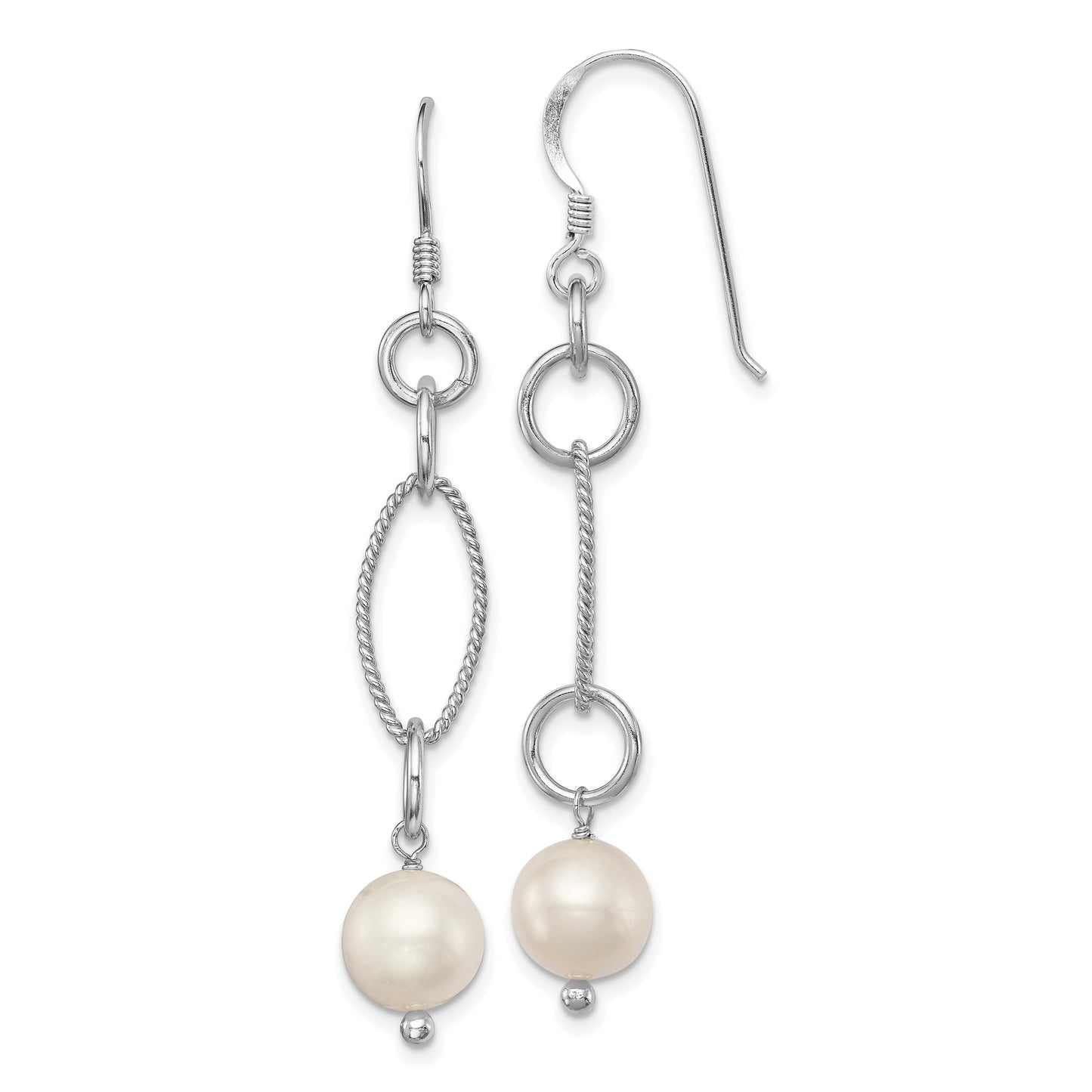 Sterling Silver Rhodium-Plated Polished & Twisted White 8-9mm Freshwater Cultured Pearl Dangle Earrings