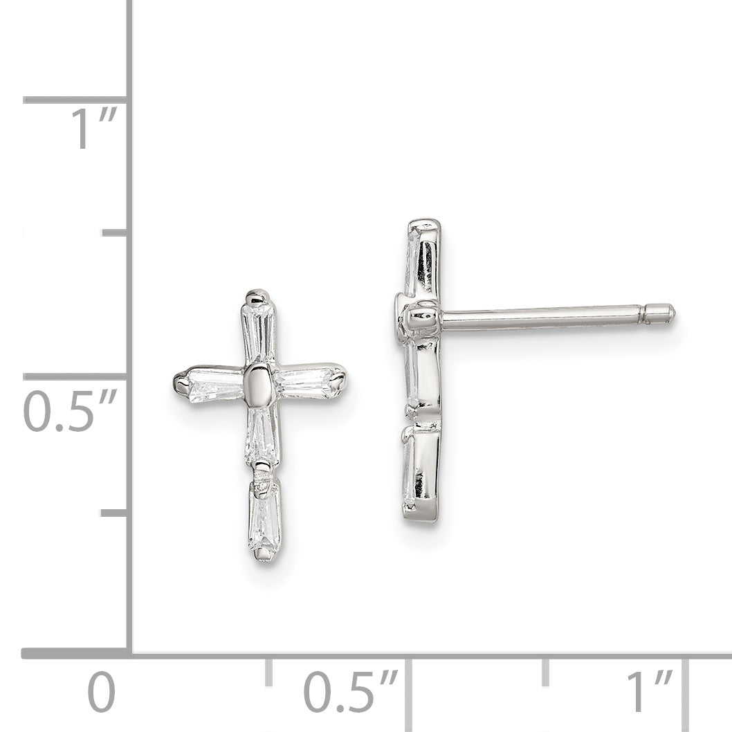 Sterling Silver Rhodium-Plated Polished Cz Cross Post Earrings