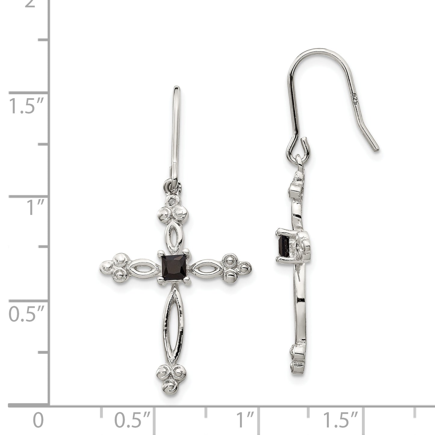 Sterling Silver Rhodium-Plated Polished Diamond Accent & Black Cz Budded Cross Dangle Earrings